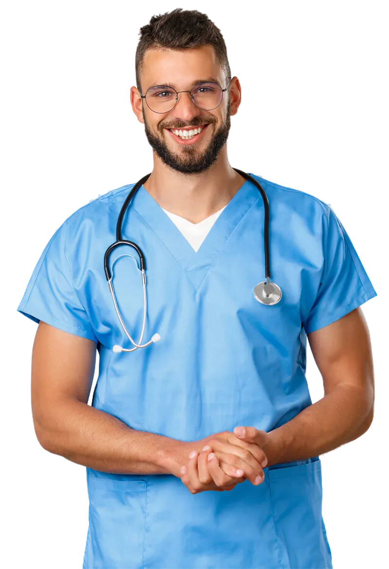 Doctor mirando al frente con manos agarradas